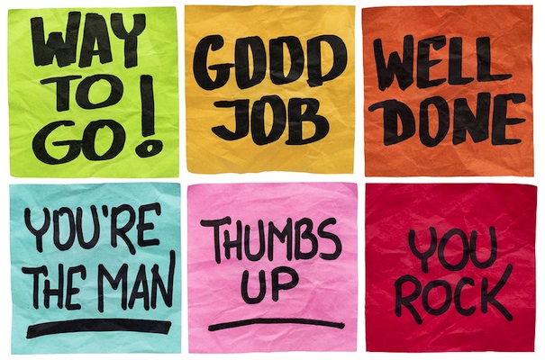 way to go, good job, well done, you're the man, thumbs up, you rock - a set of isolated sticky notes with positive affirmation words